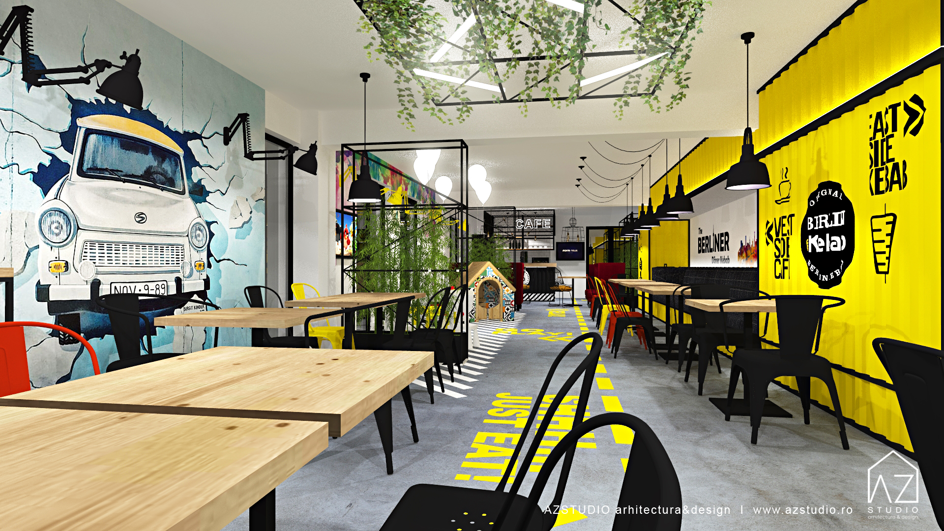 Amenajare restaurant stil urban industrial - proiect design interior HORECA