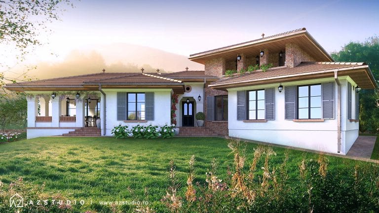 Proiect arhitectura casa rustica stil romanesc 297mp