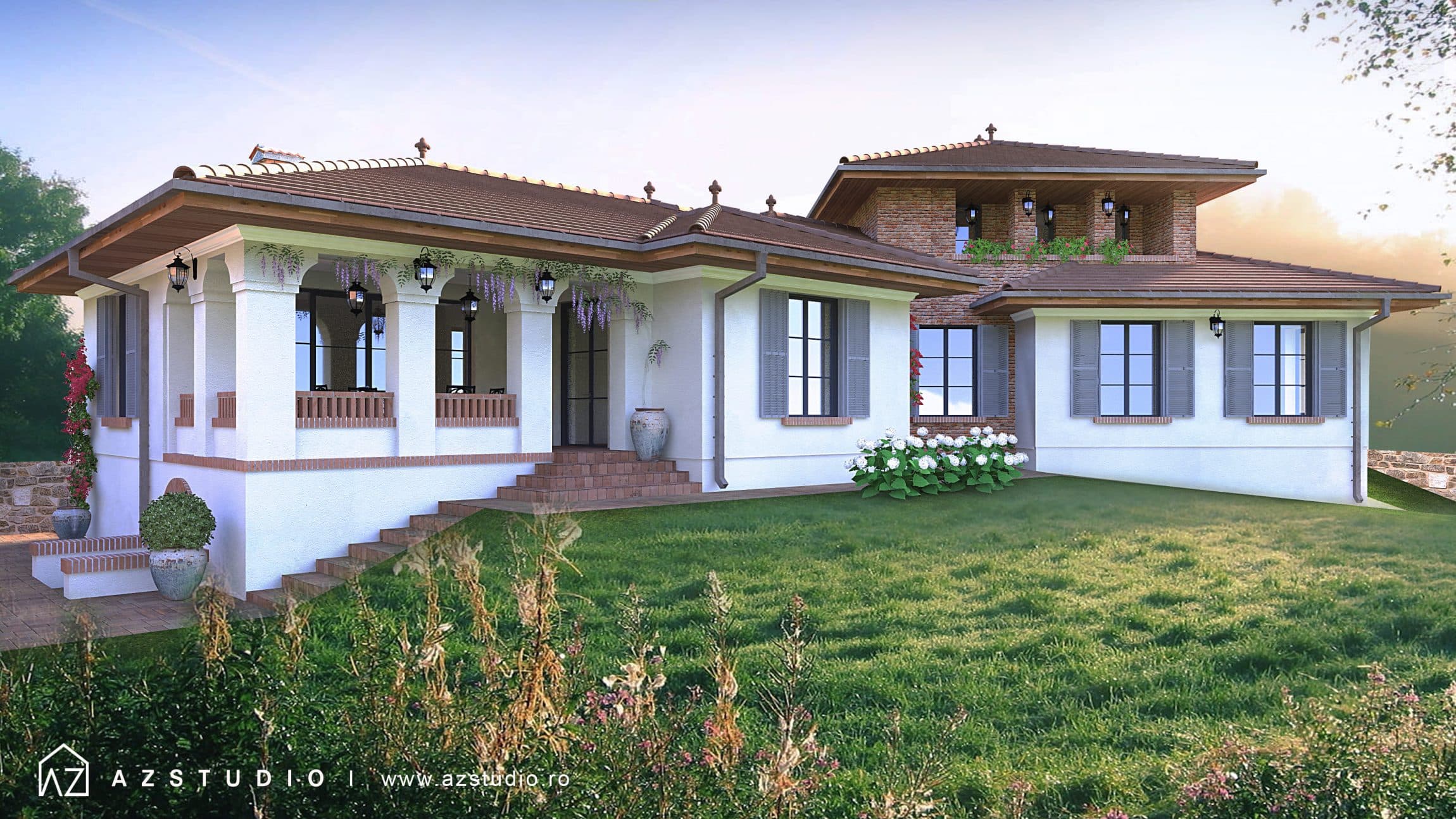 Proiect arhitectura casa rustica stil romanesc 297mp