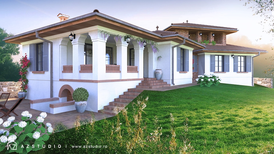 Proiect arhitectura casa rustica stil romanesc 297mp