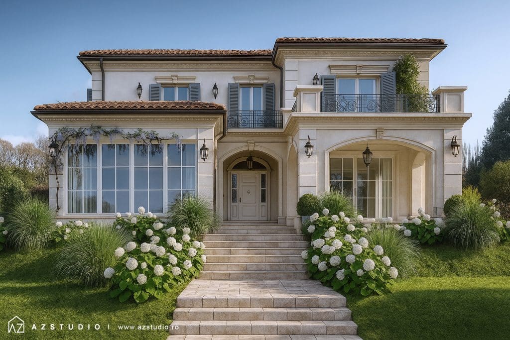 Casa stil clasic cu influente mediteraneene, 5 dormitoare, 3 bai, spatiu recreere tip sera, suprafata totala 295mp.