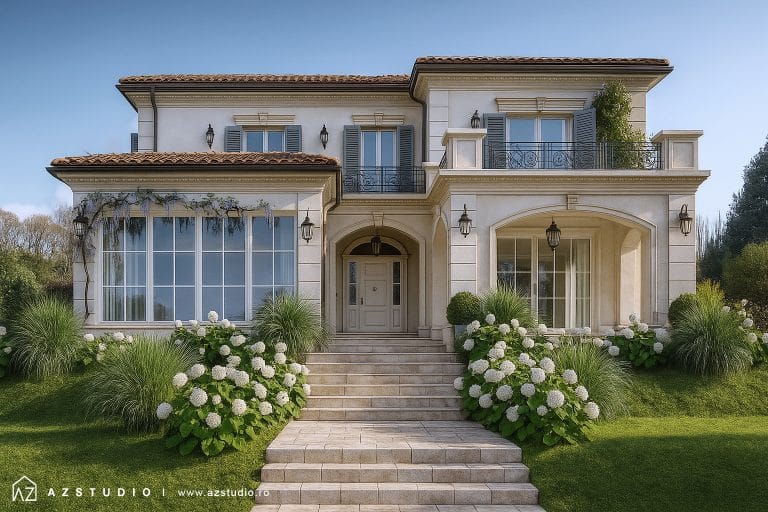 Casa stil clasic cu influente mediteraneene, 5 dormitoare, 3 bai, spatiu recreere tip sera, suprafata totala 295mp.