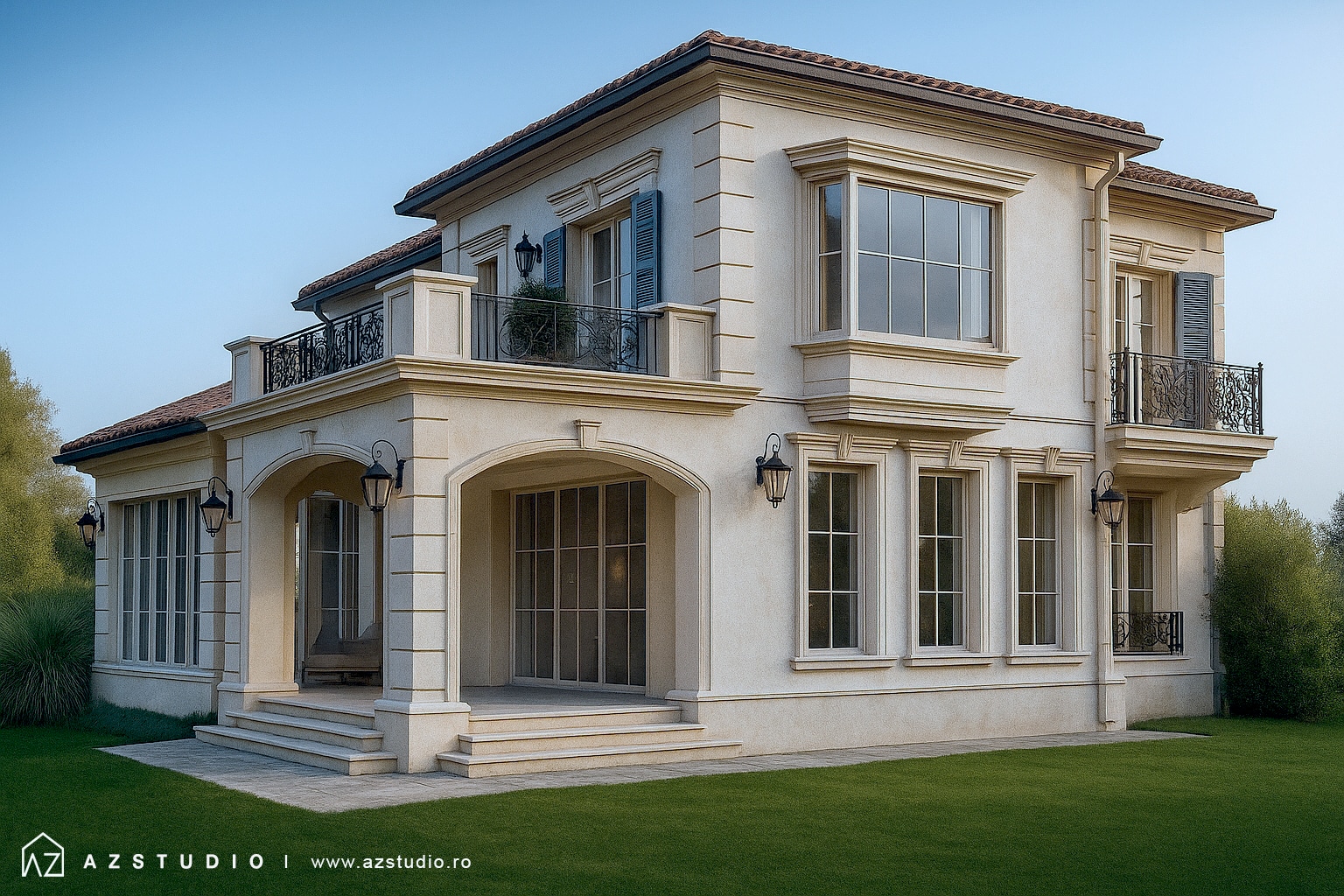 Casa stil clasic cu influente mediteraneene, 5 dormitoare, 3 bai, spatiu recreere tip sera, suprafata totala 295mp.